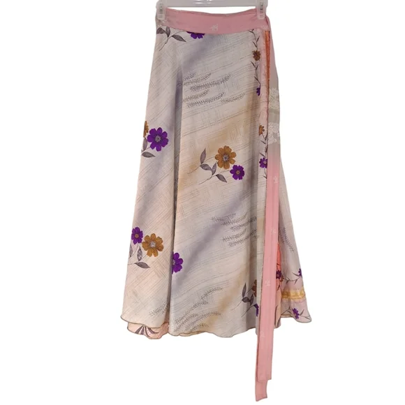Darn Good Yarn Silk Wrap Skirt Reversible Sari Floral Ankle Maxi Sz 4-12 NWOT - Picture 2 of 7